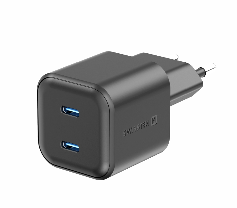 SWISSTEN SÍŤOVÝ ADAPTÉR GaN 2x USB-C 20W POWER DELIVERY ČERNÝ