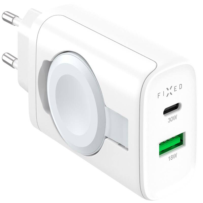 FIXED Power Socket s USB-A a USB-C výstupem a vyklápěcí nabíječkou pro Apple Watch