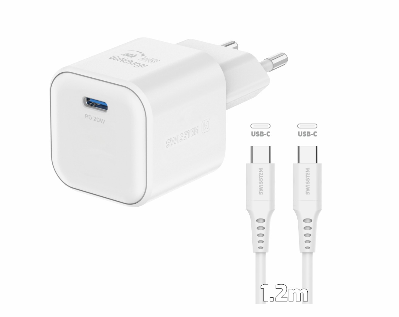 SWISSTEN SÍŤOVÝ ADAPTÉR GaN 1x USB-C 20W POWER DELIVERY BÍLÝ + DATOVÝ KABEL USB-C/USB-C 1,2 M BÍLÝ