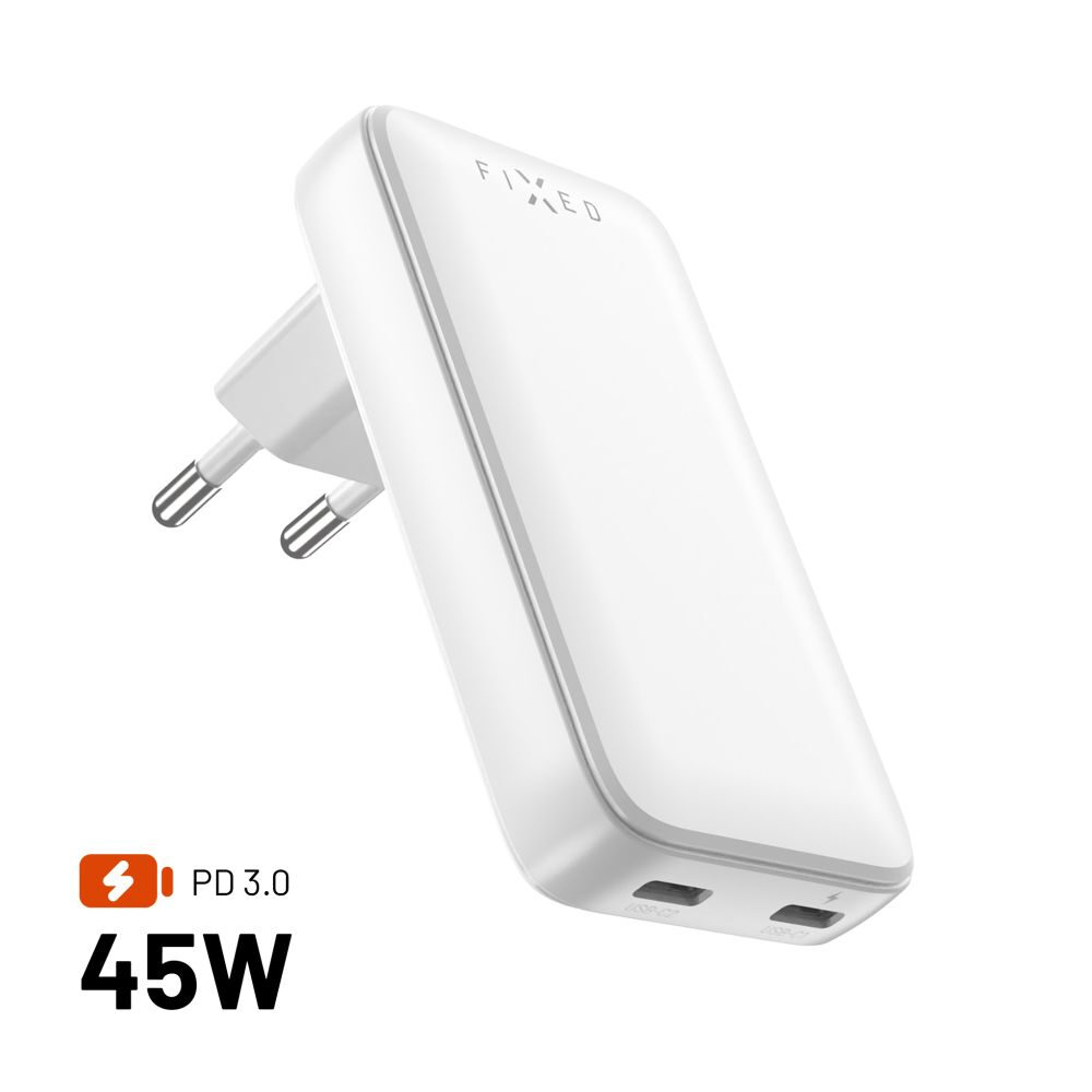 FIXED GAN Slim nabíječka 2x USB-C s podporou PD, 45W, bílá