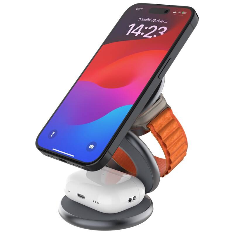 FIXED MagPowerstation Round s podporou MagSafe, 15W+5W+5W, šedá