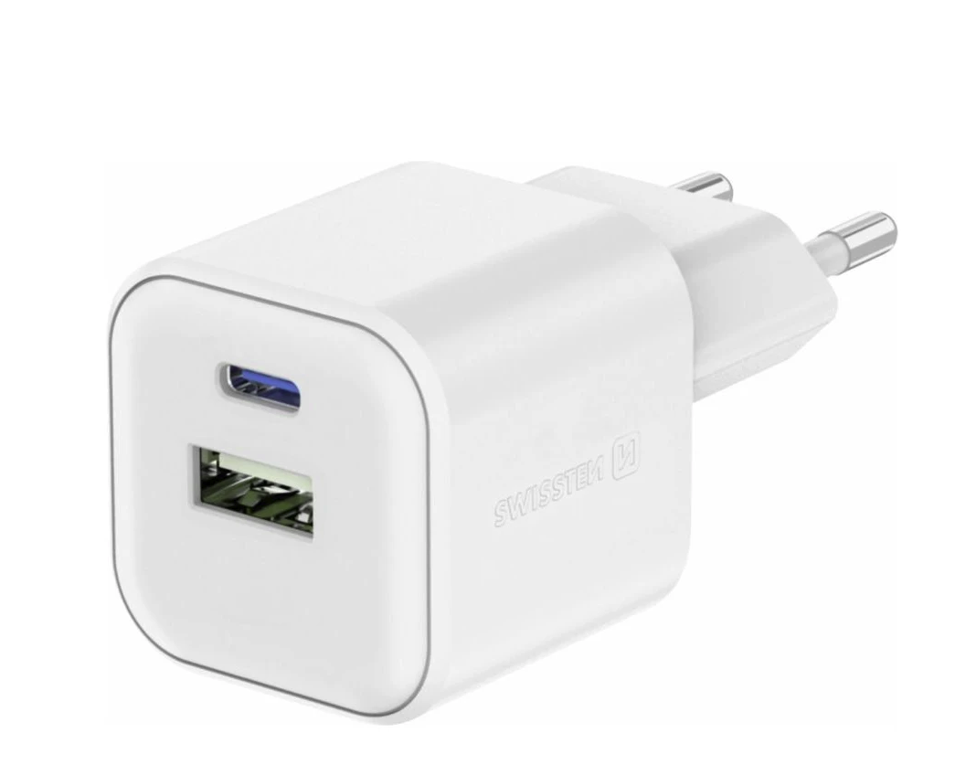 Swissten GaN 1x USB-C 35W PD + 1x USB-A 27W QC bílý