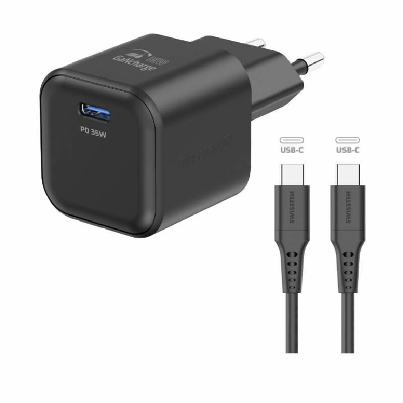 Swissten 35W GaN 1x USB-C, černá + kabel USB-C 1.2m