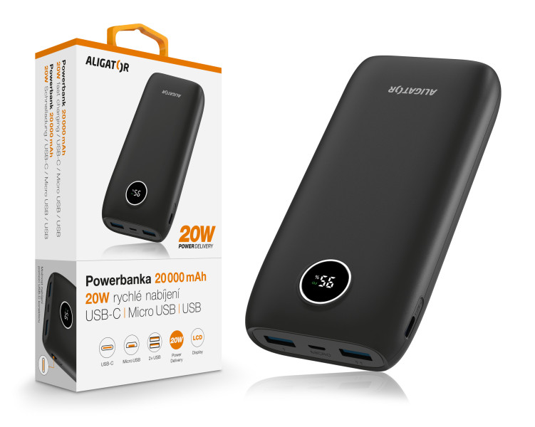 ALIGATOR Powerbanka PD20W + QC22.5W 20 000 mAh černá