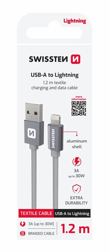 SWISSTEN TEXTILE USB-A/Lightning 1,2m, šedý