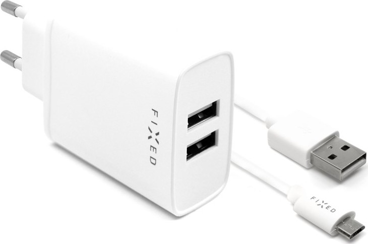 FIXED s 2xUSB výstupem a USB/micro USB kabelu, 1 metr, 15W Smart Rapid Charge, bílá