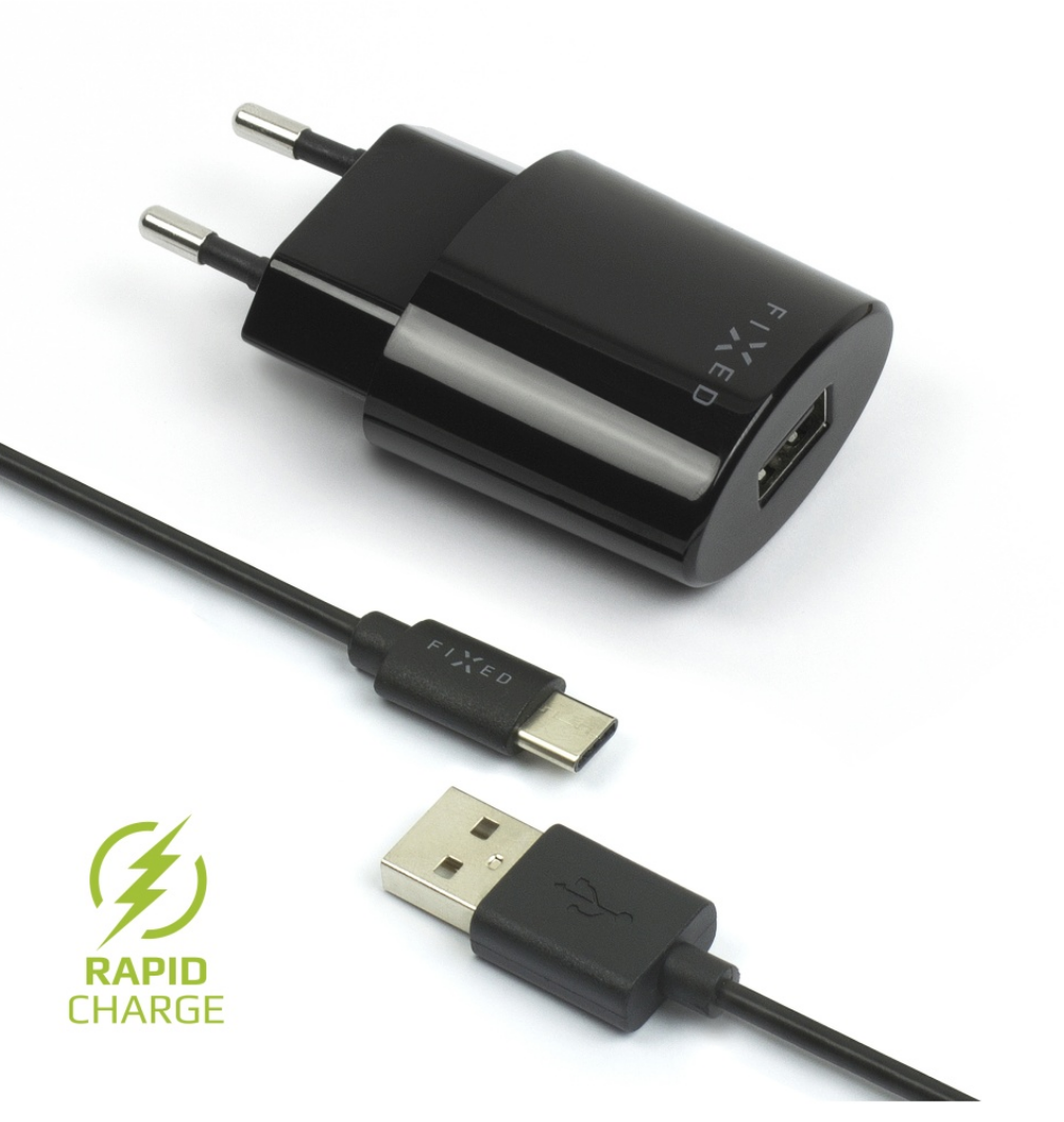 FIXED set síť.nabíječky s 2xUSB výstupem a USB/USB-C kabelu, 1 metr, 15W Smart Rapid Charge, černá