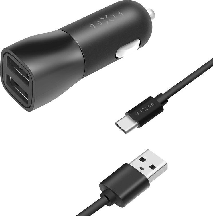 FIXED set autonabíječky s 2xUSB výstupem a USB/USB-C kabelu, 1 metr, 15W Smart Rapid Charge, černá