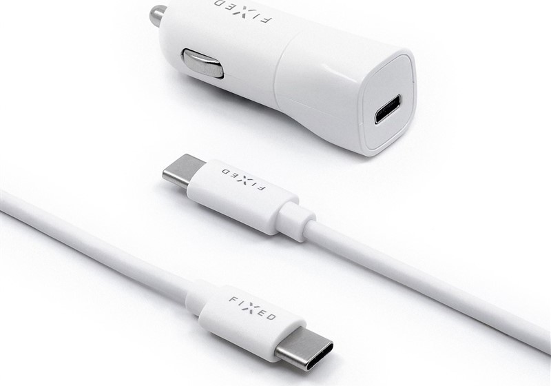 FIXED set autonabíječky s USB-C výstupem a USB-C/USB-C kabelu, podpora PD, 1 metr, 18W, bílý