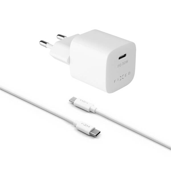FIXED Mini s USB-C výstupem a USB-C/USB-C kabelu, podpora PD, 1 metr, 30W, bílý